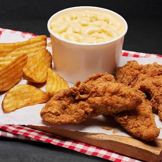 Potato Chips, chicken tenders, and mac-n-cheese